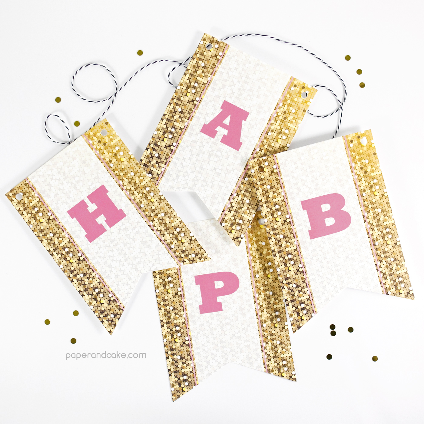 Pink and Gold Sparkle Happy Birthday Pennant Banner