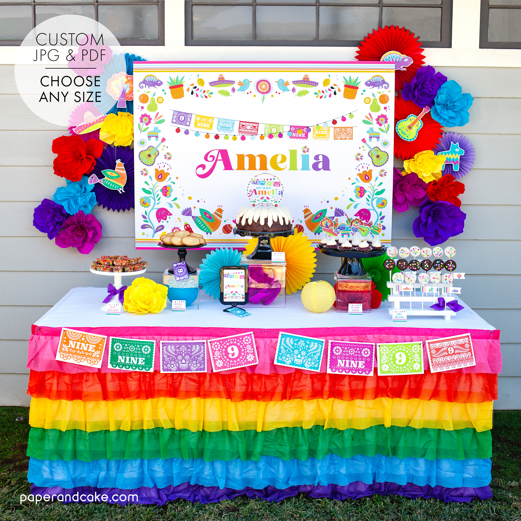 rainbow fiesta dessert table backdrop